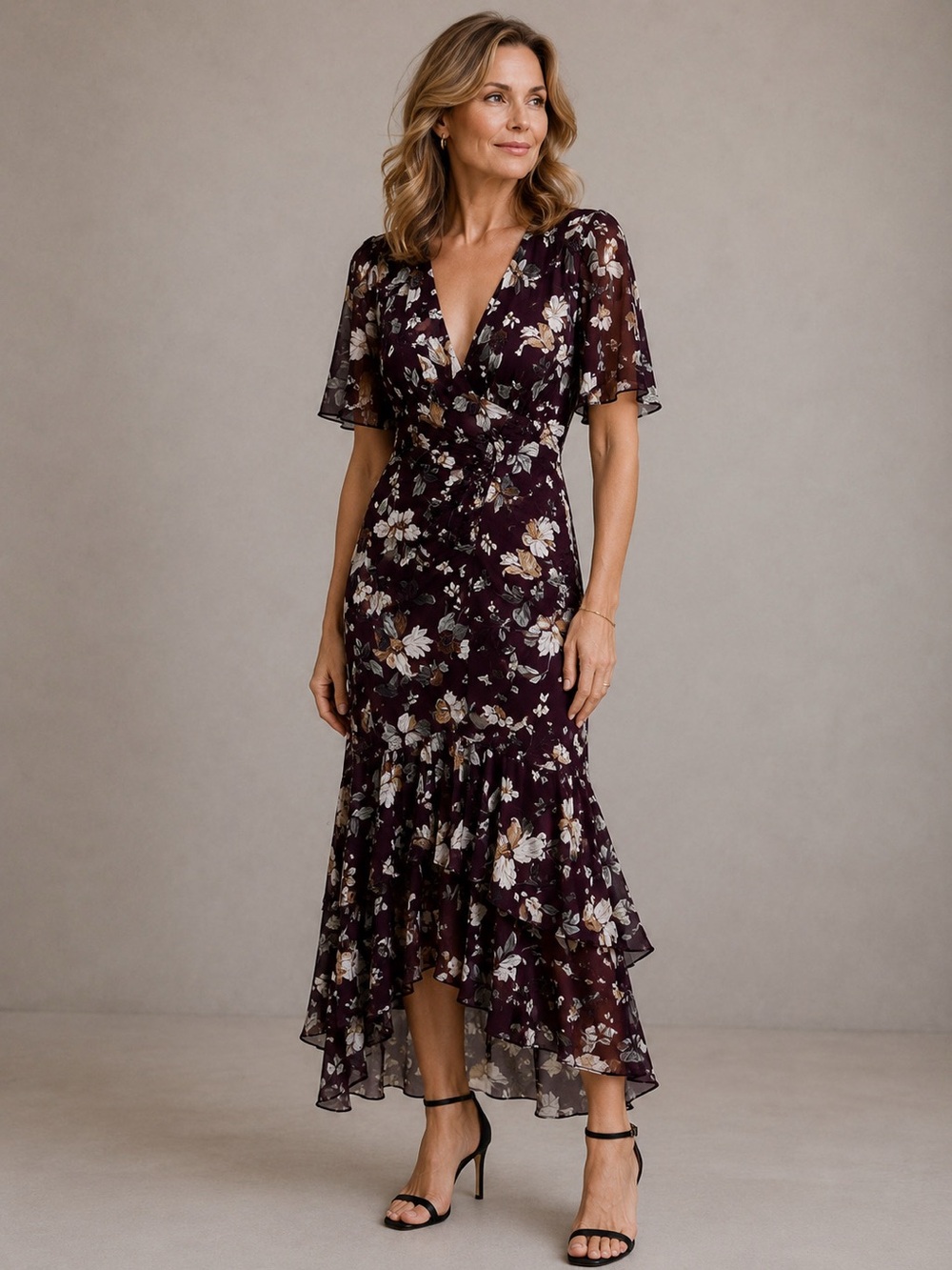 Jenny Yoo Sonia V-neck Plum floral multi Print Chiffon Dress Sz 6